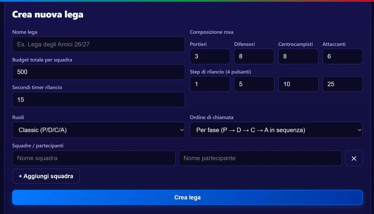 Schermata di creazione lega: budget, composizione rosa, step di rilancio, timer e squadre