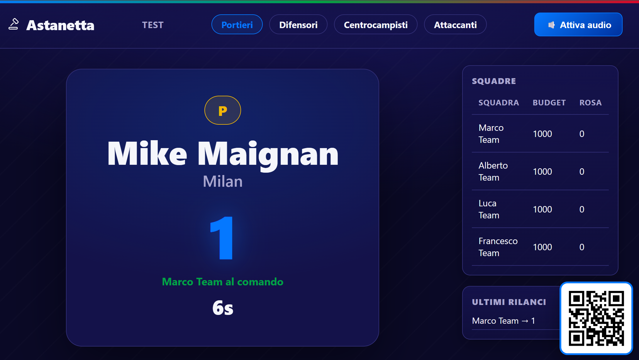 Schermo condiviso di AstaNetta durante un rilancio: giocatore chiamato, prezzo, timer, elenco squadre e QR code per entrare